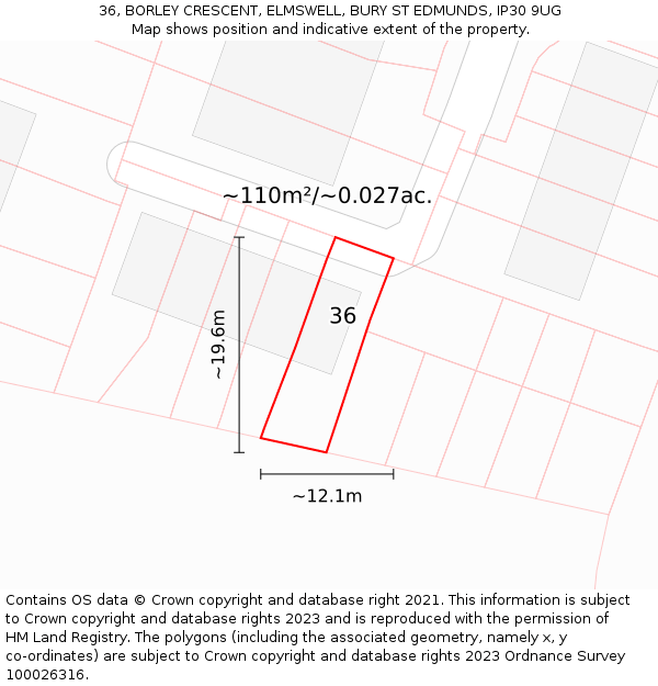 36, BORLEY CRESCENT, ELMSWELL, BURY ST EDMUNDS, IP30 9UG: Plot and title map