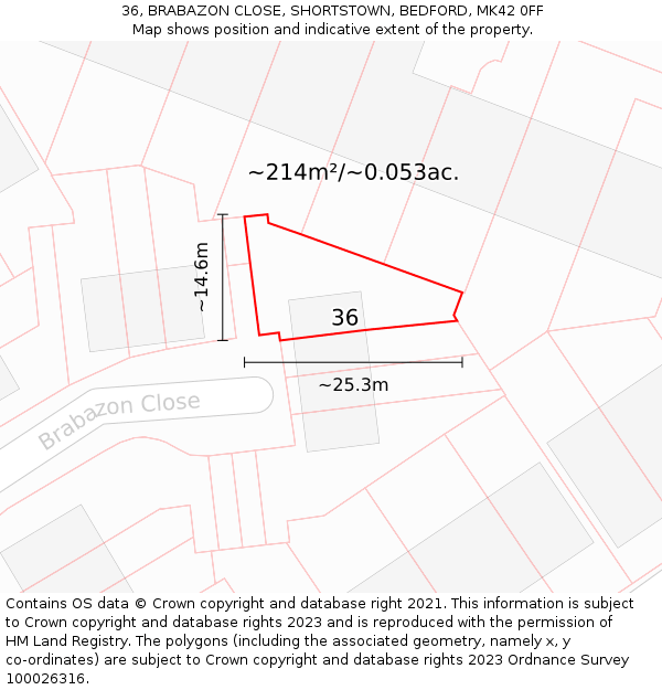 36, BRABAZON CLOSE, SHORTSTOWN, BEDFORD, MK42 0FF: Plot and title map
