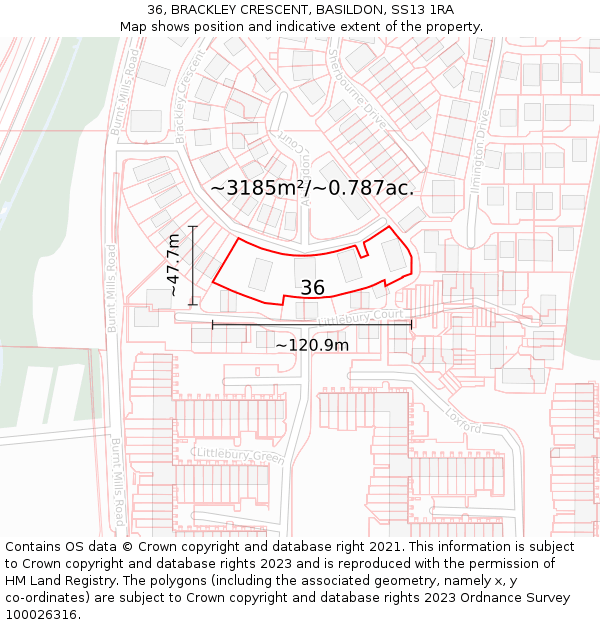36, BRACKLEY CRESCENT, BASILDON, SS13 1RA: Plot and title map