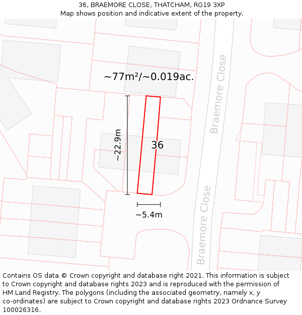 36, BRAEMORE CLOSE, THATCHAM, RG19 3XP: Plot and title map