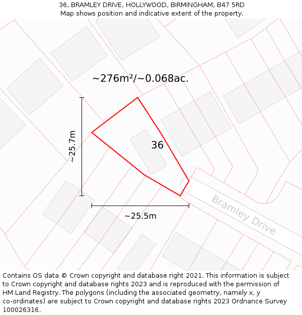 36, BRAMLEY DRIVE, HOLLYWOOD, BIRMINGHAM, B47 5RD: Plot and title map
