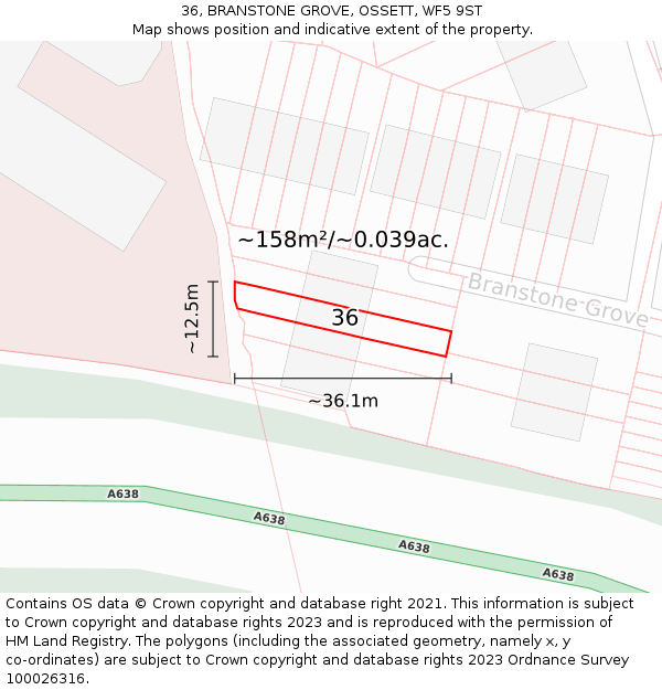 36, BRANSTONE GROVE, OSSETT, WF5 9ST: Plot and title map