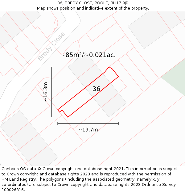 36, BREDY CLOSE, POOLE, BH17 9JP: Plot and title map