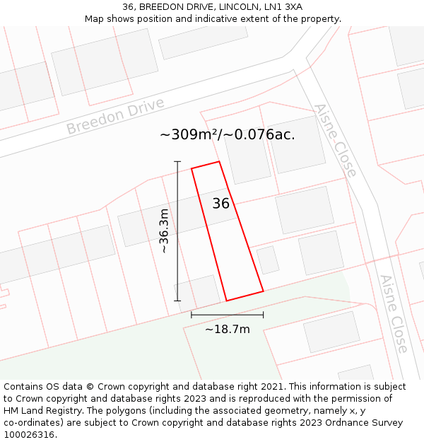 36, BREEDON DRIVE, LINCOLN, LN1 3XA: Plot and title map