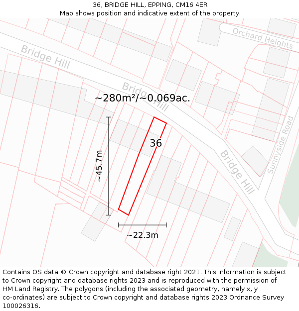 36, BRIDGE HILL, EPPING, CM16 4ER: Plot and title map