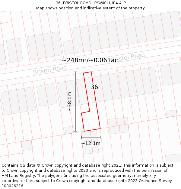 36, BRISTOL ROAD, IPSWICH, IP4 4LP: Plot and title map
