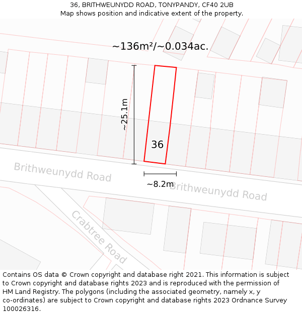 36, BRITHWEUNYDD ROAD, TONYPANDY, CF40 2UB: Plot and title map