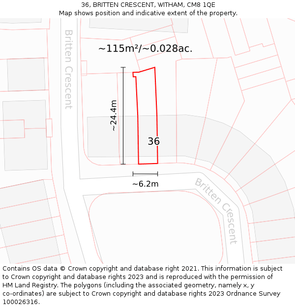 36, BRITTEN CRESCENT, WITHAM, CM8 1QE: Plot and title map