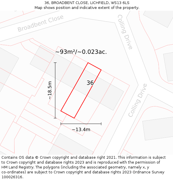 36, BROADBENT CLOSE, LICHFIELD, WS13 6LS: Plot and title map