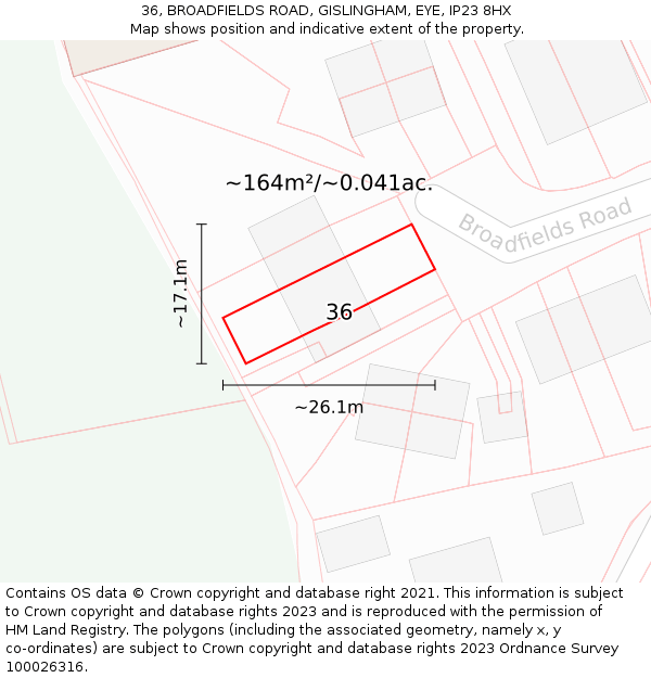 36, BROADFIELDS ROAD, GISLINGHAM, EYE, IP23 8HX: Plot and title map