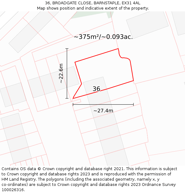 36, BROADGATE CLOSE, BARNSTAPLE, EX31 4AL: Plot and title map