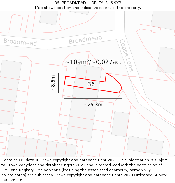 36, BROADMEAD, HORLEY, RH6 9XB: Plot and title map
