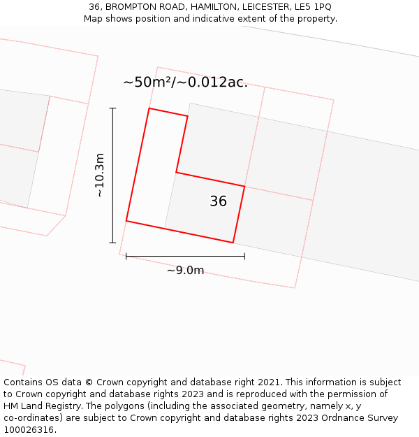 36, BROMPTON ROAD, HAMILTON, LEICESTER, LE5 1PQ: Plot and title map