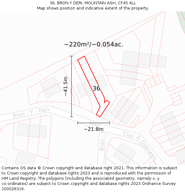 36, BRON Y DERI, MOUNTAIN ASH, CF45 4LL: Plot and title map