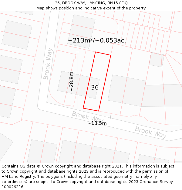 36, BROOK WAY, LANCING, BN15 8DQ: Plot and title map