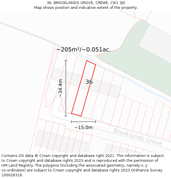 36, BROOKLANDS GROVE, CREWE, CW1 3JS: Plot and title map