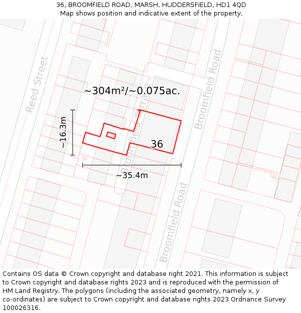 36, BROOMFIELD ROAD, MARSH, HUDDERSFIELD, HD1 4QD: Plot and title map