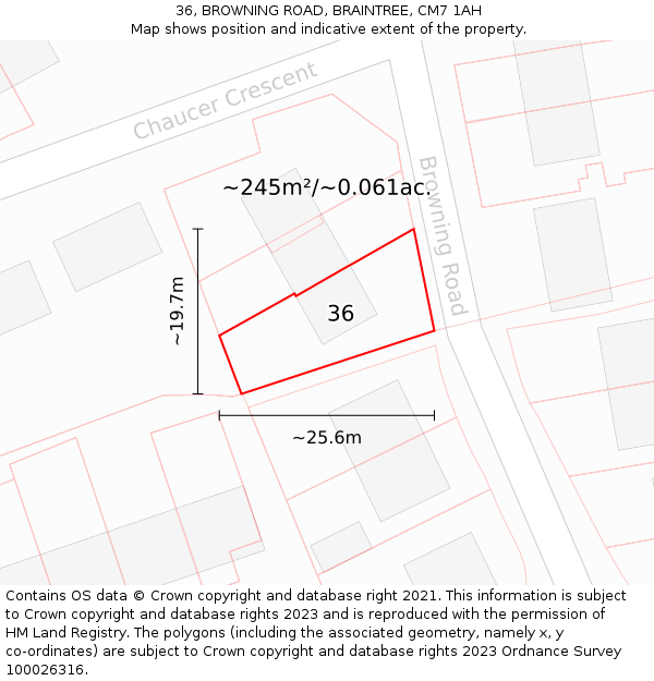 36, BROWNING ROAD, BRAINTREE, CM7 1AH: Plot and title map