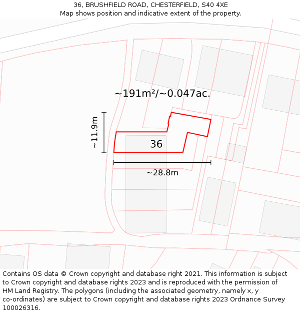 36, BRUSHFIELD ROAD, CHESTERFIELD, S40 4XE: Plot and title map