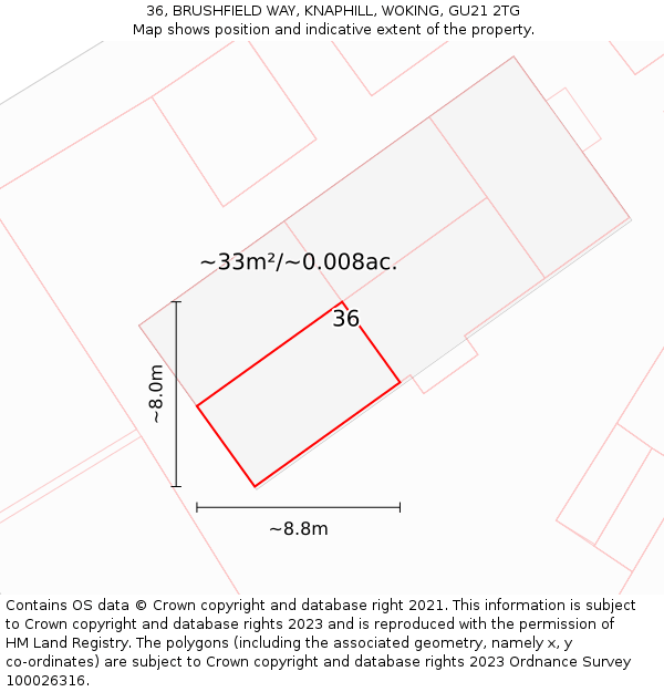 36, BRUSHFIELD WAY, KNAPHILL, WOKING, GU21 2TG: Plot and title map