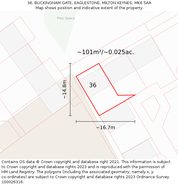 36, BUCKINGHAM GATE, EAGLESTONE, MILTON KEYNES, MK6 5AA: Plot and title map