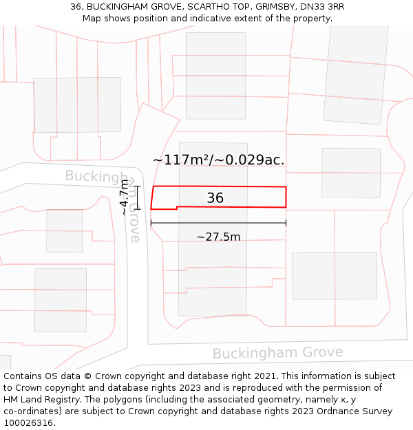 36, BUCKINGHAM GROVE, SCARTHO TOP, GRIMSBY, DN33 3RR: Plot and title map