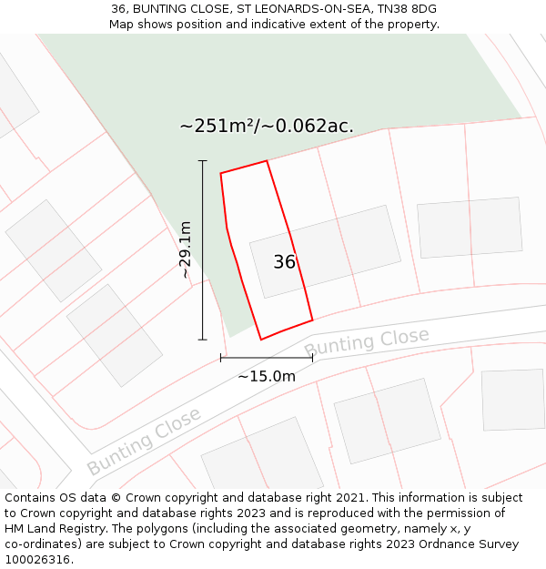 36, BUNTING CLOSE, ST LEONARDS-ON-SEA, TN38 8DG: Plot and title map
