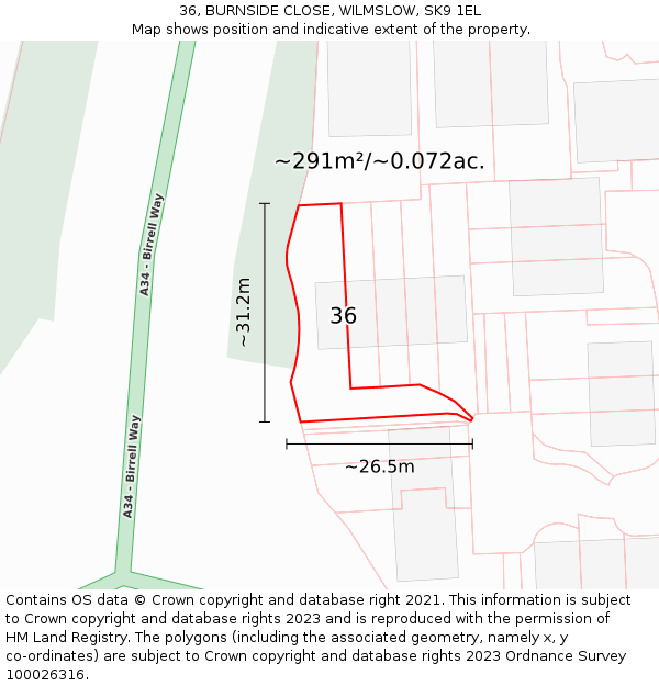 36, BURNSIDE CLOSE, WILMSLOW, SK9 1EL: Plot and title map