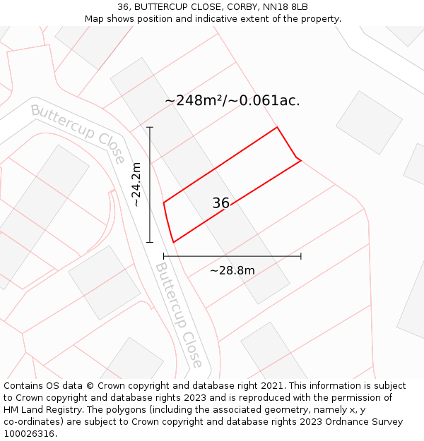 36, BUTTERCUP CLOSE, CORBY, NN18 8LB: Plot and title map