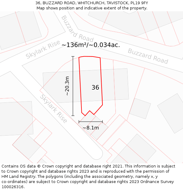 36, BUZZARD ROAD, WHITCHURCH, TAVISTOCK, PL19 9FY: Plot and title map