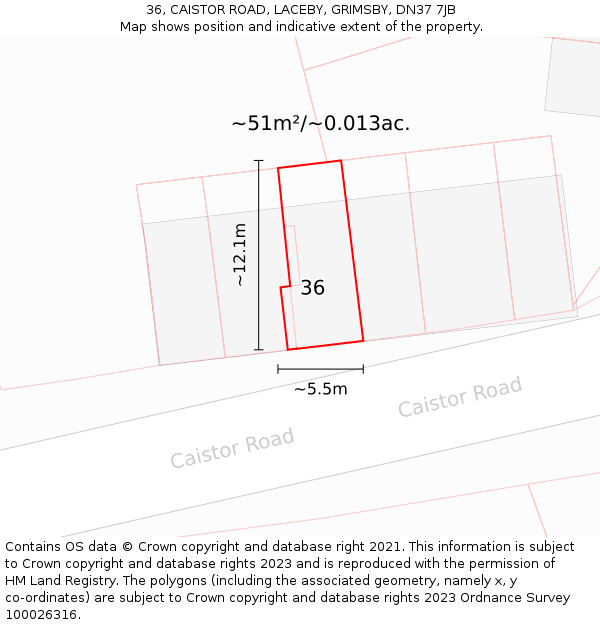 36, CAISTOR ROAD, LACEBY, GRIMSBY, DN37 7JB: Plot and title map