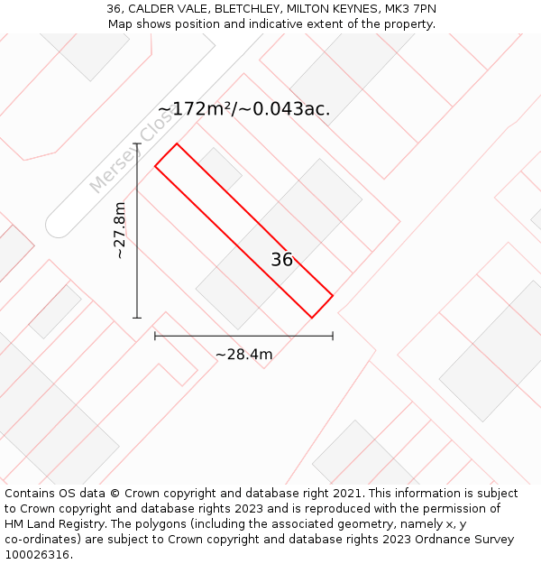 36, CALDER VALE, BLETCHLEY, MILTON KEYNES, MK3 7PN: Plot and title map