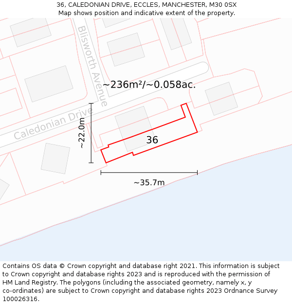 36, CALEDONIAN DRIVE, ECCLES, MANCHESTER, M30 0SX: Plot and title map