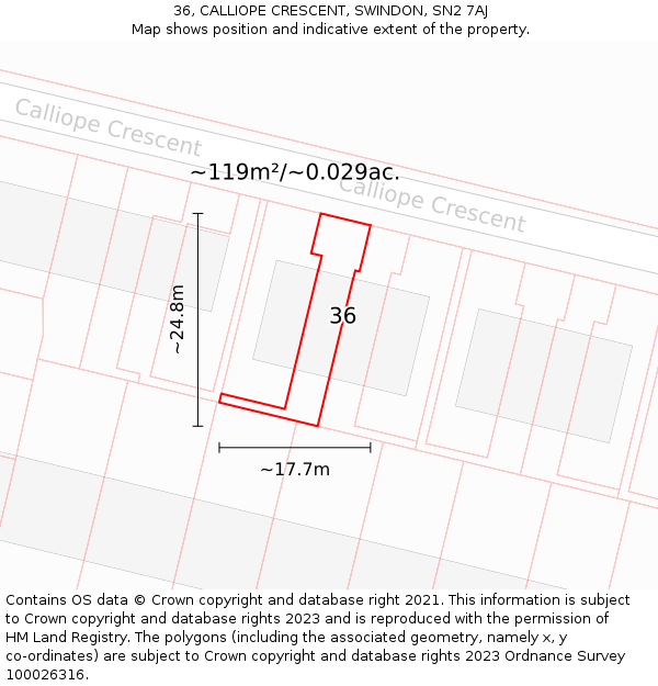 36, CALLIOPE CRESCENT, SWINDON, SN2 7AJ: Plot and title map