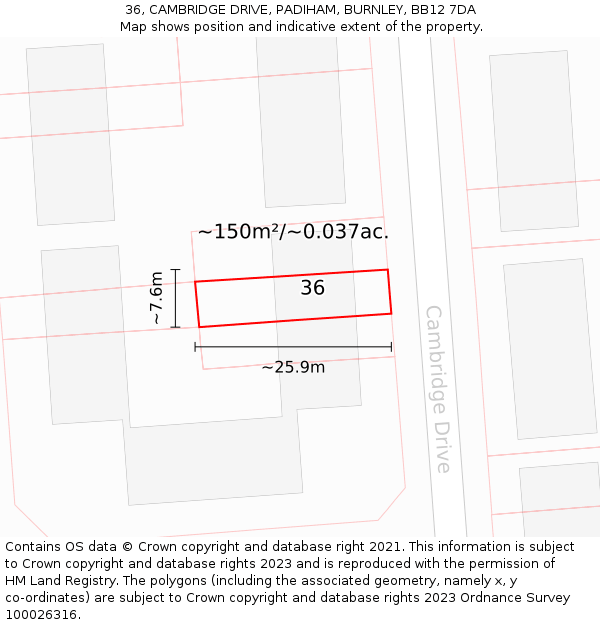 36, CAMBRIDGE DRIVE, PADIHAM, BURNLEY, BB12 7DA: Plot and title map