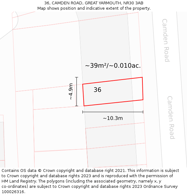 36, CAMDEN ROAD, GREAT YARMOUTH, NR30 3AB: Plot and title map