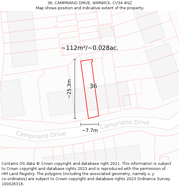 36, CAMPRIANO DRIVE, WARWICK, CV34 4NZ: Plot and title map