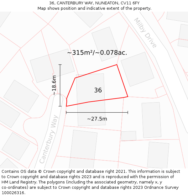 36, CANTERBURY WAY, NUNEATON, CV11 6FY: Plot and title map