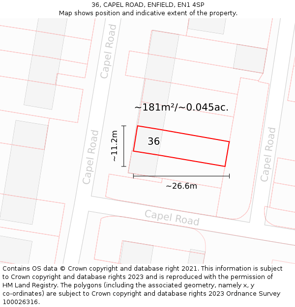 36, CAPEL ROAD, ENFIELD, EN1 4SP: Plot and title map
