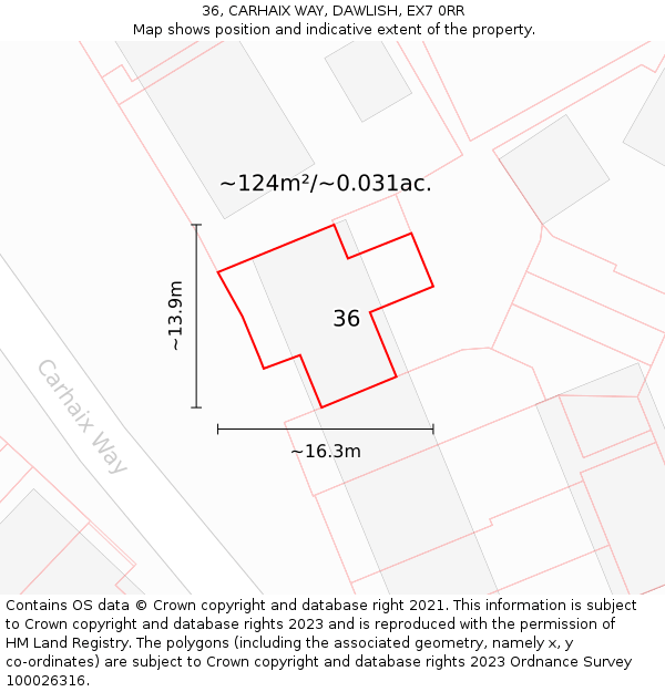 36, CARHAIX WAY, DAWLISH, EX7 0RR: Plot and title map