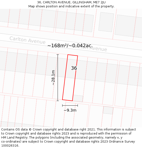 36, CARLTON AVENUE, GILLINGHAM, ME7 2JU: Plot and title map