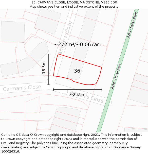 36, CARMANS CLOSE, LOOSE, MAIDSTONE, ME15 0DR: Plot and title map
