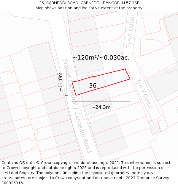 36, CARNEDDI ROAD, CARNEDDI, BANGOR, LL57 3SE: Plot and title map
