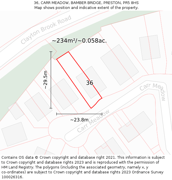 36, CARR MEADOW, BAMBER BRIDGE, PRESTON, PR5 8HS: Plot and title map