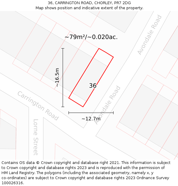 36, CARRINGTON ROAD, CHORLEY, PR7 2DG: Plot and title map