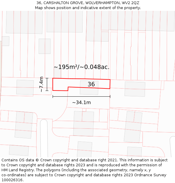 36, CARSHALTON GROVE, WOLVERHAMPTON, WV2 2QZ: Plot and title map