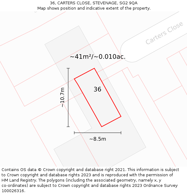 36, CARTERS CLOSE, STEVENAGE, SG2 9QA: Plot and title map