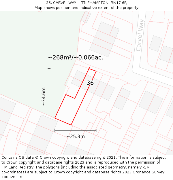 36, CARVEL WAY, LITTLEHAMPTON, BN17 6RJ: Plot and title map