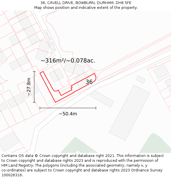 36, CAVELL DRIVE, BOWBURN, DURHAM, DH6 5FE: Plot and title map