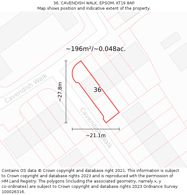 36, CAVENDISH WALK, EPSOM, KT19 8AP: Plot and title map